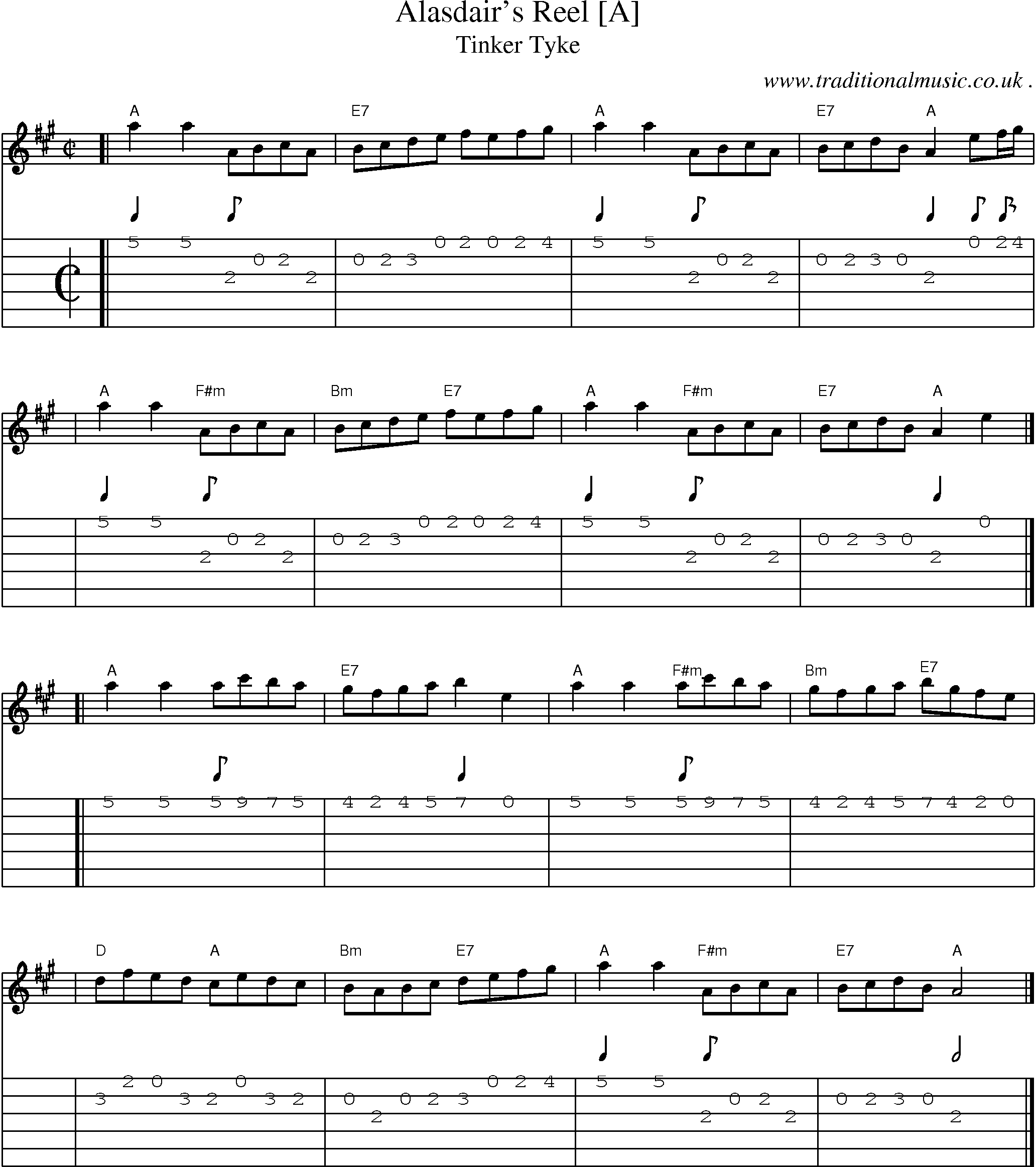 Sheet-music  score, Chords and Guitar Tabs for Alasdairs Reel [a]